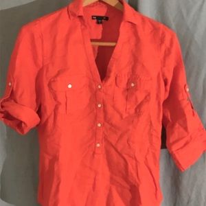 Gap Orange 3/4 Sleeve V-Neck Btn. Top